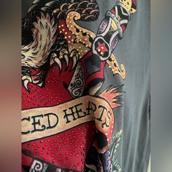 ED HARDY Rhinestone 100% Cotton Garment Washed Short Slv Graphic T-shirt Unisex - Picture 8 of 12